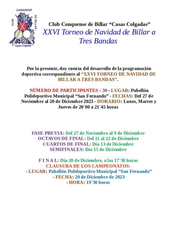 XXVI Torneo de Navidad de Billar a Tres Bandas